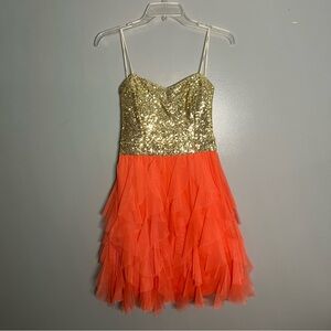 B Darlin Gold & Orange Strapless Dress